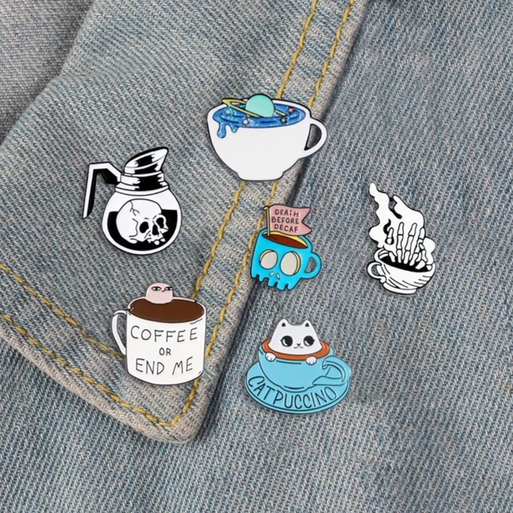 Funny Skull Coffee Mug Cup “Death Before Decaf” Metal Enamel Pin Brooch - Picture 8 of 8